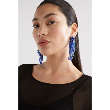 A pair of stud drop earrings featuring long strands of blue coloured beads.