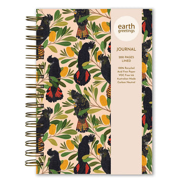Journal with black cockatoo and banksia design on a beige background.