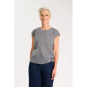 Black and white checkered sleeveless tshirt on a white background