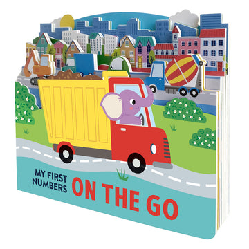 'My First Numbers On the Go' book cover featuring a purple elephant driving a dumpster truck with a city in the background.