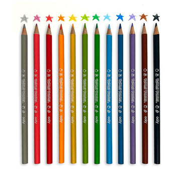 A set of twelve coloured pencils in a white box with a cut out showing the pencils inside. There is the heading 'Yummy Yummy' on the front.