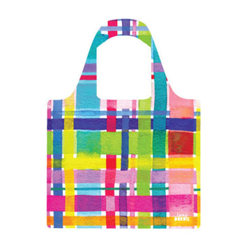 A reusable shopping bag printed with a colourful gingham style print.