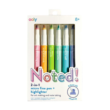 A set of six pastel coloured highlighters in a white box with a cut out showing the highlighters. There is a heading 'Noted!' written on the front of the box.