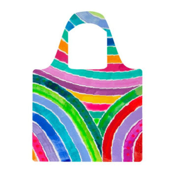 A reusable shopping bag illustrated with colourful rainbows.