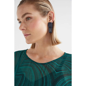 A pair of stud drop earrings in mulberry with a rectangle and square design.