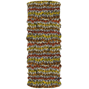 A tubular design of fabric printed with artwork by Devina Ran with a pattern of arches in yellow, red and white.