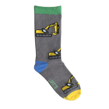A pair of grey socks with a green cuff, blue heel and yellow toe printed with diggers.