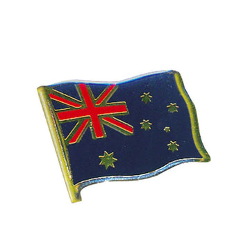 An enamel pin of the Australian flag waving.
