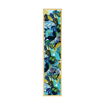 A wooden bookmark illustrated with azure native flowers.