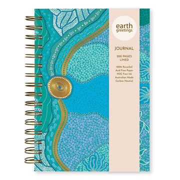 Journal with a decorative blue and green cover featuring earth greetings branding