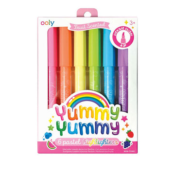 A set of six pastel highlighters in a white box with a cut out window. The heading 'Yummy Yummy' is on the front of the box.