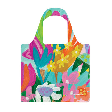 A reusable shopping bag illustrated with colourful floral artwork.