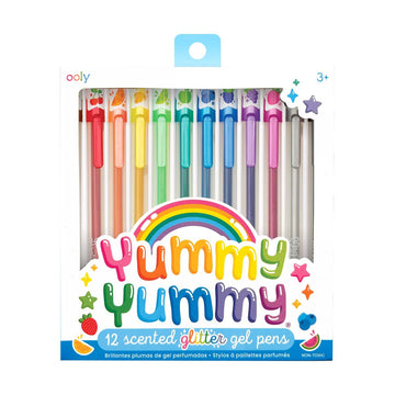 A set of twelve glitter gel pens in a white box with a cut out window. There is the heading 'Yummy Yummy' written in rainbow colours on the box.