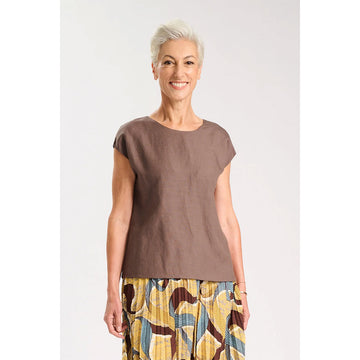 Brown sleeveless top on a white background.