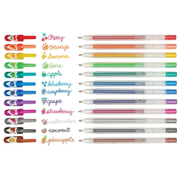 A set of twelve glitter gel pens in a white box with a cut out window. There is the heading 'Yummy Yummy' written in rainbow colours on the box.