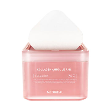 Pink container of Mediheal Collagen Ampoule Pad on a white background.