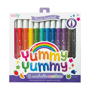 A set of twelve coloured markers in a white box with a cut out window. The heading 'Yummy Yummy' is written in rainbow letters on the front.