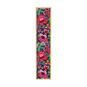 A wooden bookmark illustrated with waratah flowers.