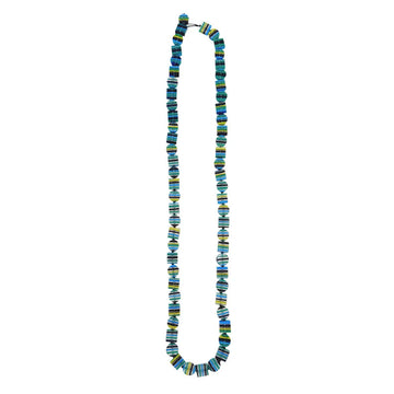A long necklace made up of round and square flat beads with blue stripes.