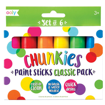 A set of six paint sticks in a box with a narrow window cut out. The heading 'Chunkies Paint Sticks Classic Pack' is written on the box.