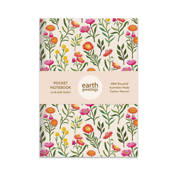 Floral-patterned notebook with 'earth greetings' branding on a white background.