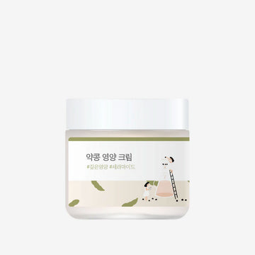 White jar with an illustration of two women filling a large beaker on a white background.