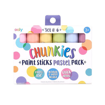 A set of six paint sticks in a box with a narrow cut out window. The heading 'Chunkies Paint Sticks Pastel Pack' is written on the front.