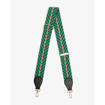 A bag strap in a navy and green chevron stripe pattern.