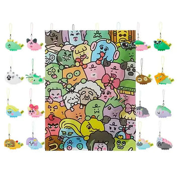 Colourful blind bag packaging shown over an assortment of plushie keyrings.