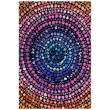 A cotton tea towel printed with colourful artwork by Olivia Wilson in a circular shape.