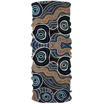 A tubular piece of fabric printed with artwork by Gaye Ogilvi.