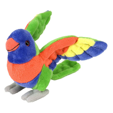 A lorikeet soft toy in a standing position.
