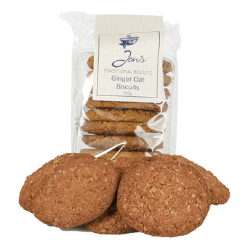 A packet of ginger oat biscuits pictured in clear packaging with a few more biscuits in front.
