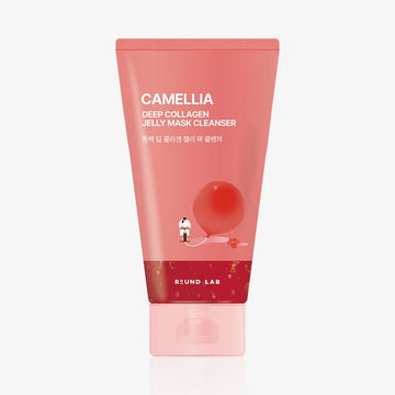 Camellia deep collagen jelly mask cleanser tube with a red balloon design on a white background.