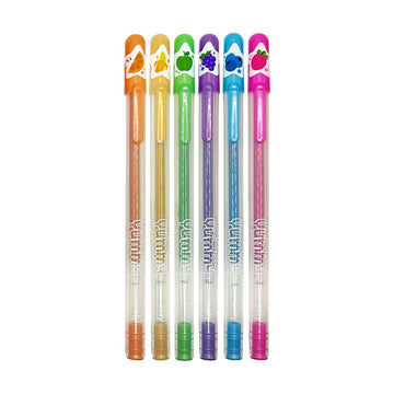 A set of gel pens in a box with a clear window. One pen is resting in front of the box. The heading 'Yummy Yummy' in rainbow colours is on the box.