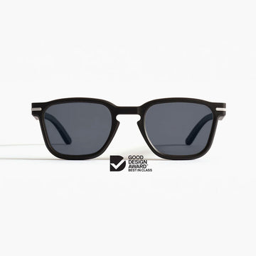 Black sunglasses with a Good Design Award logo on a white background.