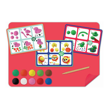 Pots of coloured clay are visible in a box titled 'Clay & Play' with illustrations of jungle animals including a giraffe, elephant and tiger.