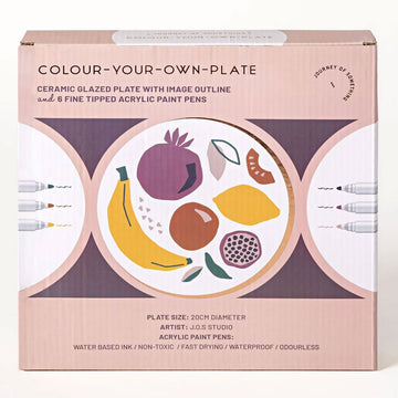 A box titled 'Colour Your Own Plate' with a picture of a plate illustrated with fruits and coloured pens on either side.