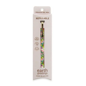 Refillable gel pen in packaging with floral design on a white background.