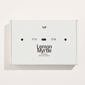 A white box with the heading 'Lemon Myrtle' and small cut outs showing the coloured containers inside.