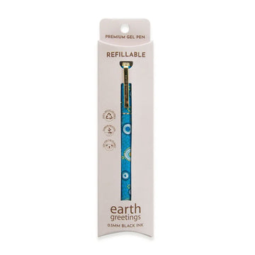 Packaging of a refillable gel pen with 'earth greetings' branding on a white background.