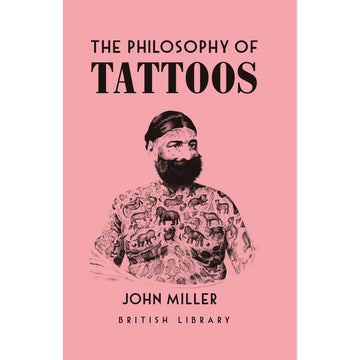 'The Philosophy of Tattoos' book cover featuring an illustration of a man covered in tattoos on a pink background.