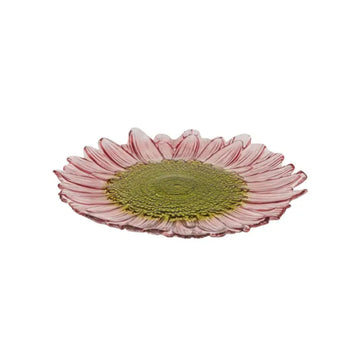 A pink and olive plate in the shape and design of a flower.