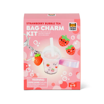 Strawberry bubble tea bag charm kit packaging with Tiger Tribe branding on a white background