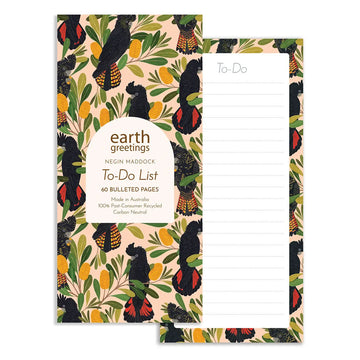 To-Do List pad with black cockatoos and banksia design on a white background.