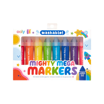 A set of eight coloured markers in a box with a cut out window. The heading 'Mighty Mega Markers' is written in rainbow letters on the box.