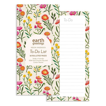 Floral-themed to-do list with 'earth greetings' branding on a white background.