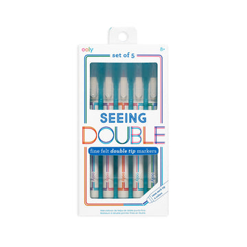 A pack of five markers in a white box with a large cut out window and the heading 'Seeing Double'.