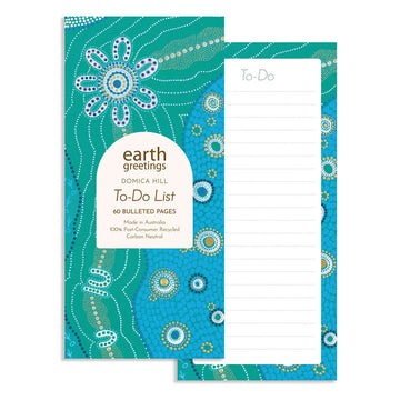 To-do list pad with blue floral design and 'earth greetings' branding.