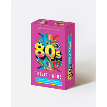 A box titled '80s Trivia Cards' with illustrations of 80s inspired roller skates, cassette tape and a Rubik's cube.